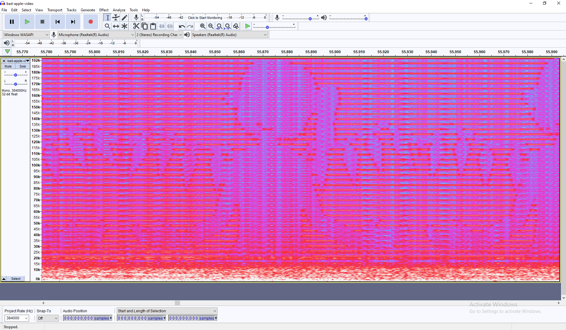 Screenshot of Audacity's spectrogram showing one frame of Bad Apple!!.